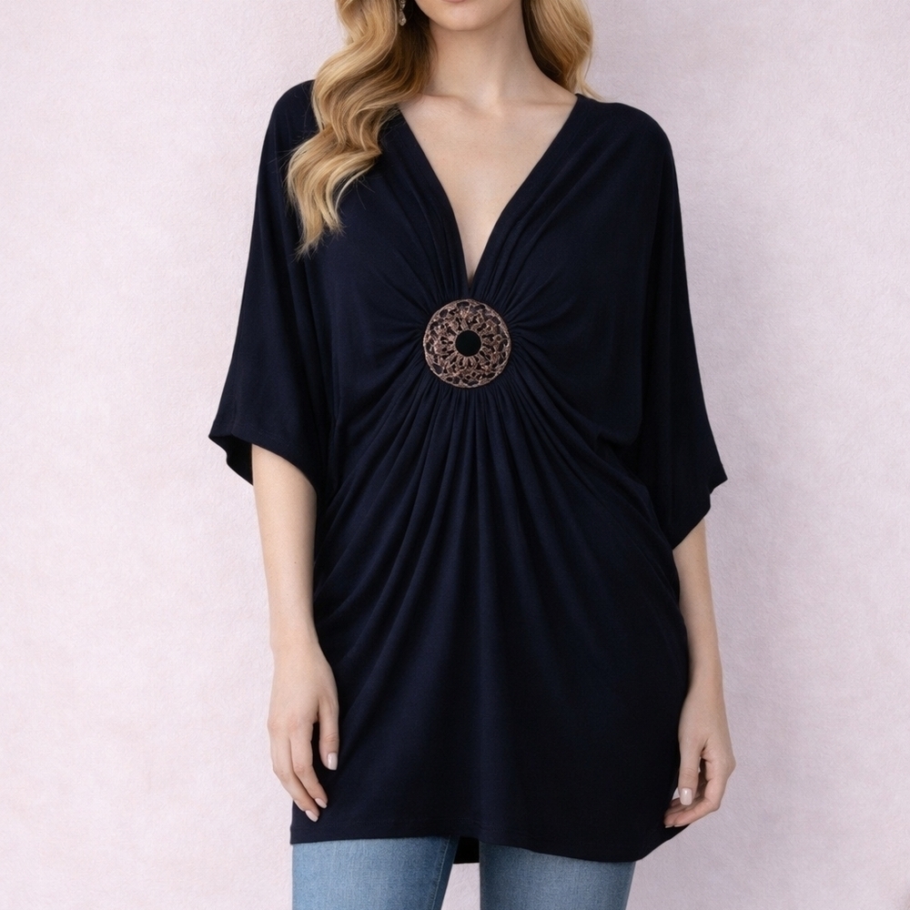 BOSTON PROPER Navy Cinched Brooch Plunging Dolman Grecian Goddess Tunic